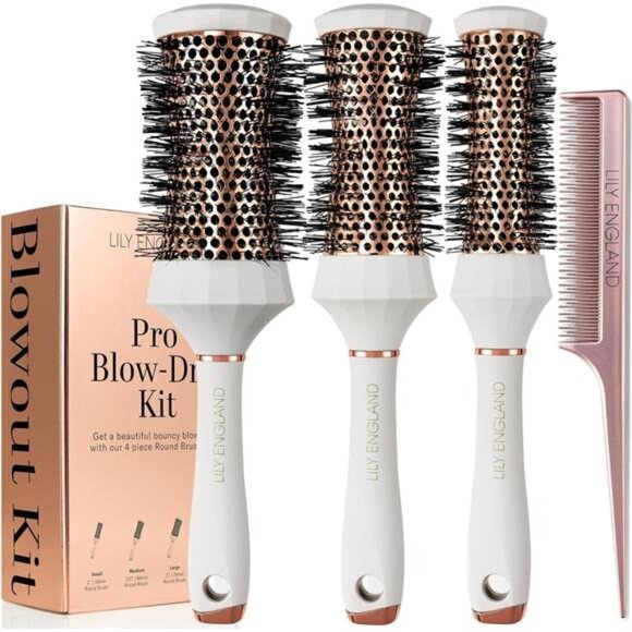 4 Piece Professional Blow Dry Kit with 3 Round Brushes and Comb for Styling